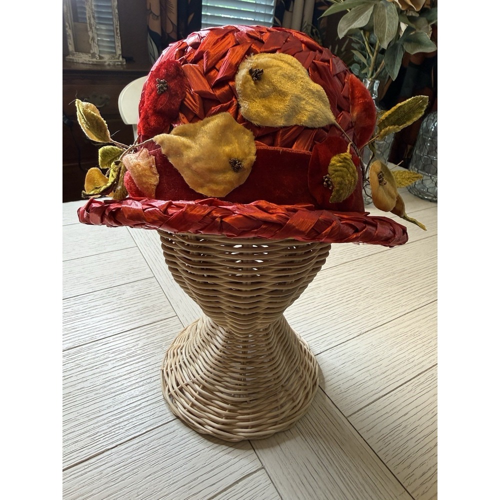 Vintage Red Straw Hat with Floral Stem Leaves 1960s Union Made Women's Cap Artsy